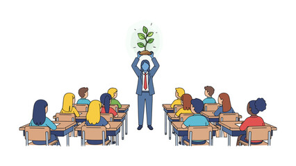 Nurturing Growth: An educator stands before a class, holding a flourishing plant, symbolizing knowledge and personal development. The setting sun casts a warm glow. © Azizun