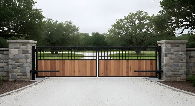 Large double gate with wood and wrought iron panels, flanked by stone pillars, at the entrance of a gravel driveway with trees in the background.