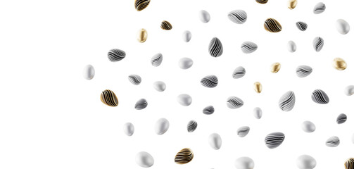 Artistic composition of abstract egg-shaped forms with gold, silver, and striped textures floating against a white backg