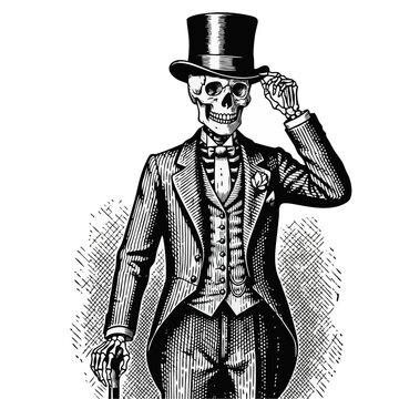 A skeleton in a top hat and suit adjusts his headwear with a cane in hand e39.eps