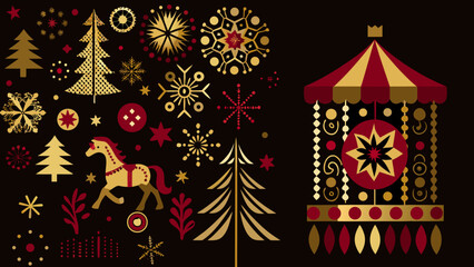 Festive folk art illustration featuring christmas trees a carousel and a horse © Etika