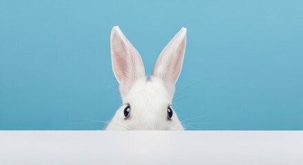 Fototapeta premium A cute white rabbit peeking over a white surface against a solid light blue background studio shot