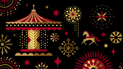 Festive illustration featuring a carousel fireworks and starbursts in gold and red © Etika