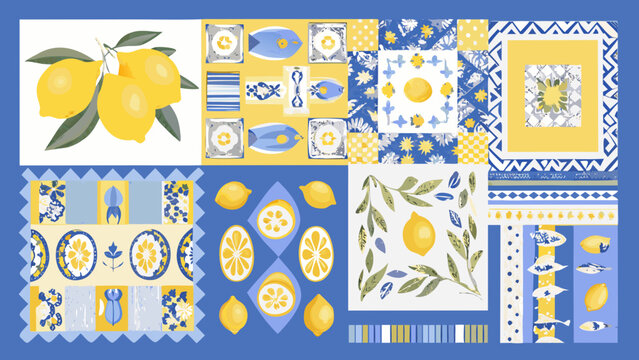 A colorful patchwork design featuring lemons fish and floral motifs