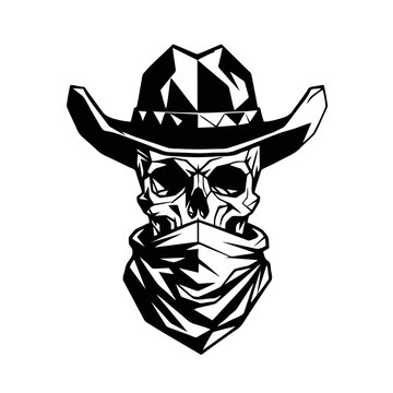 A cowboy skull illustration wearing a hat and bandana e8.eps