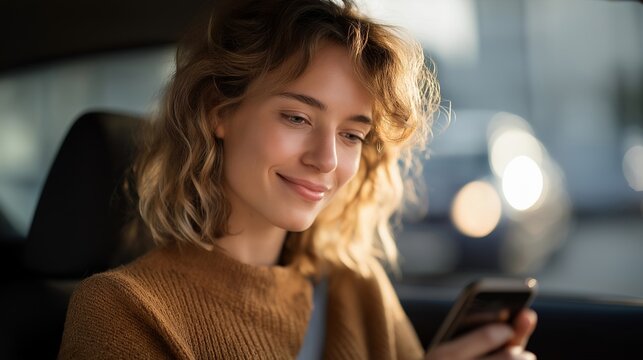 Young adult reviewing credit monitoring app showing score increase over six months graph, sitting in car before bank appointment, relieved smile, morning commute traffic visible through windows,