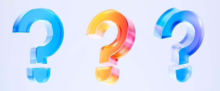 Set of 3D Glass question mark icon isolated on transparent background, concept of help support faq problem solving and inquiry. Transparent Liquid Glass icon. 3D rendering.
