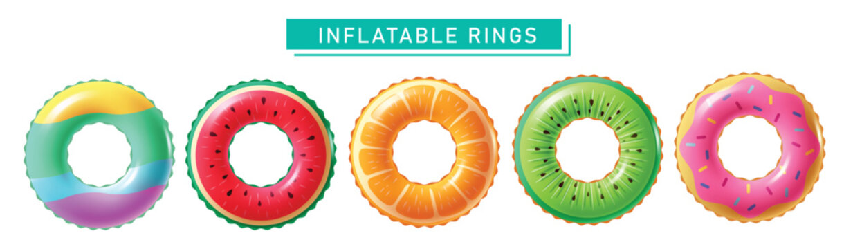 Inflatable Rings Collection Vector Illustration With Fruit Designs Watermelon Orange Kiwi And Donut