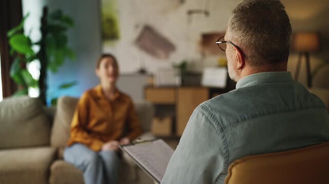 Male counselor listening to female patient, taking notes during therapy session