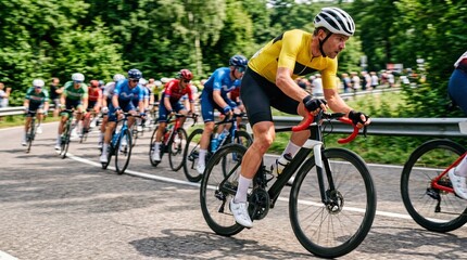 Fototapeta premium Professional Male Cyclist in Yellow Jersey Leading Peloton on Sunny Road Race through Forested Landscape