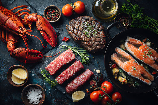 Selection of raw seafood and meat on a table