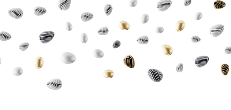 Abstract design with geometric shapes in golden, silver, and white colors, floating on a white background. Concept of lu