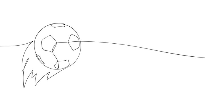 Minimal line illustration of a soccer ball flying with motion flames, symbolizing speed, powerful kick, football action, and sports energy