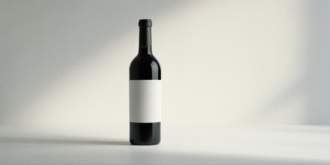 Naklejka premium Dark wine bottle stands on surface. Light creates dramatic shadow, highlighting minimalist presentation. Clean, simple studio shot.