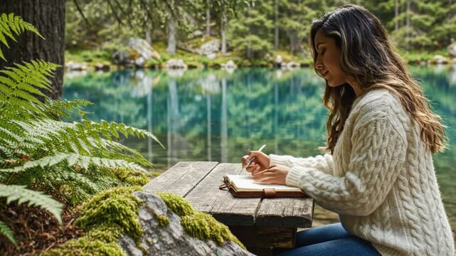 A serene scene captures a young adult deeply immersed in writing within a tranquil outdoor setting. Seated comfortably at a rustic wooden picnic table, the individual thoughtfully pens ideas into a jo