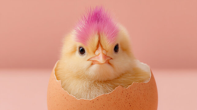 Rebellious fluffy yellow chick with a pink mohawk hairstyle sitting in a broken eggshell next to an unhatched egg. Funny punk rock Easter concept and unique character design on a pink background.