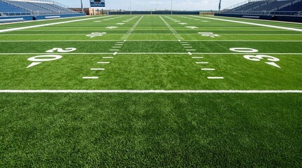 Obraz premium Empty American Football Field with Artificial Turf Yard Lines and Stadium Bleachers