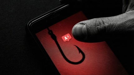 A finger interacts with a smartphone screen showing a hook shadow and a social media notification. Represents online traps, phishing, and rage bait. Great for cybersecurity content.