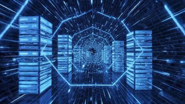 Futuristic digital neon blue technology corridor with glowing geometric light lines in deep cosmic space high-tech cybernetic motion graphics background seamless loop animation