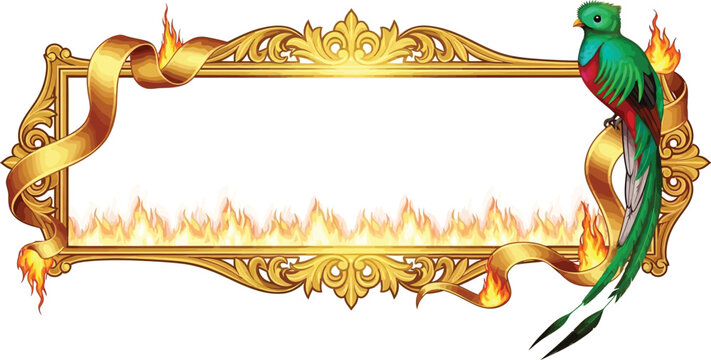 A vibrant green parrot perches on an ornate golden frame with flames and ribbons, set against a white background.