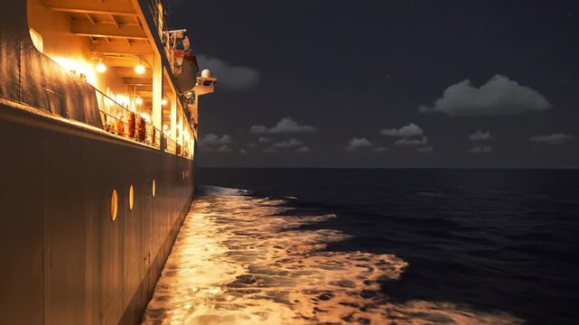 A tranquil night scene showcases the illuminated side of a large vessel steadily sailing across the dark, open ocean. Warm lights from the ship cast a golden glow upon the churning white wake, creatin