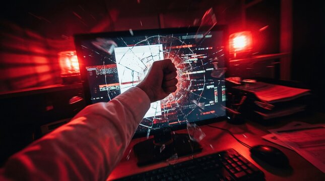 A fist shatters a computer screen, bathed in ominous red light. This depicts extreme frustration, digital rage, and tech breakdown. Perfect for themes of stress, online anger, or IT issues.