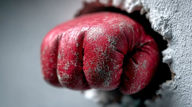 Red boxing glove punching through a concrete wall impact force