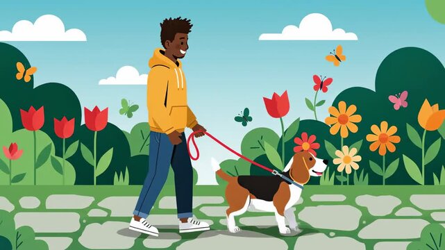 Young man walking his dog in a park with flowers butterflies and cartoon style background for animated content