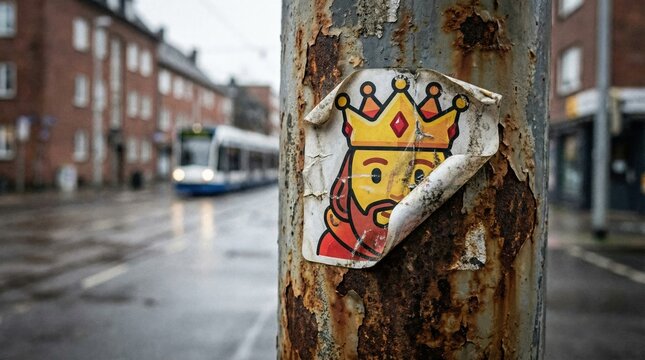 A peeling cartoon king sticker on a rusty metal pole with a blurred urban street, tram, and buildings in the background. Captures urban decay, street art, and city life. Ideal for themes of grit.