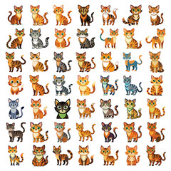 Obraz premium A collection of forty-two cute cartoon cat illustrations featuring various breeds and fur colors
