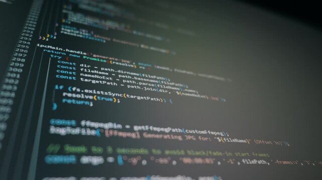 Colorful lines of software source code scroll vertically on a dark digital computer monitor. Concept of vibe coding, artificial intelligence app development, machine learning, and modern technology