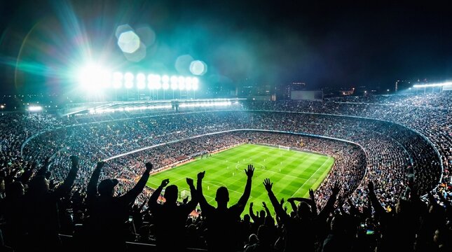Excited Football Fans Cheering at a Crowded Stadium during a Night Game with Bright Stadium Lights