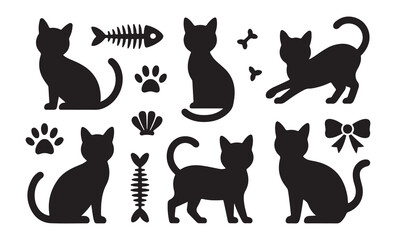 Cute cat silhouette set with fish bone paw prints and ribbon elements for creative pet themed graphic design work © Mukti