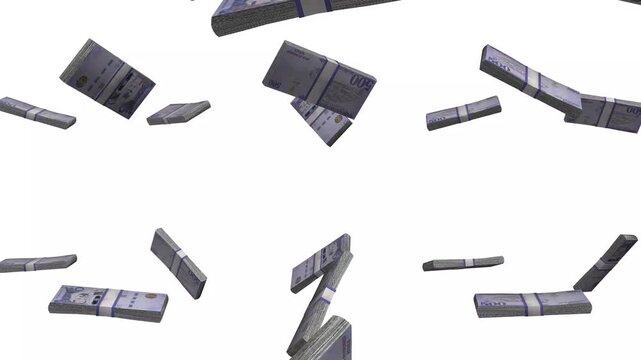 Saudi Arabia Money, Saudi Arabian Rial Banknotes Falling, SAR Currency Stacks, White Background, 4K