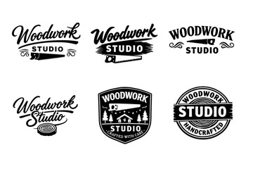 Obraz premium Vintage woodwork studio logos featuring saw, axe, trees, and handcrafted elements