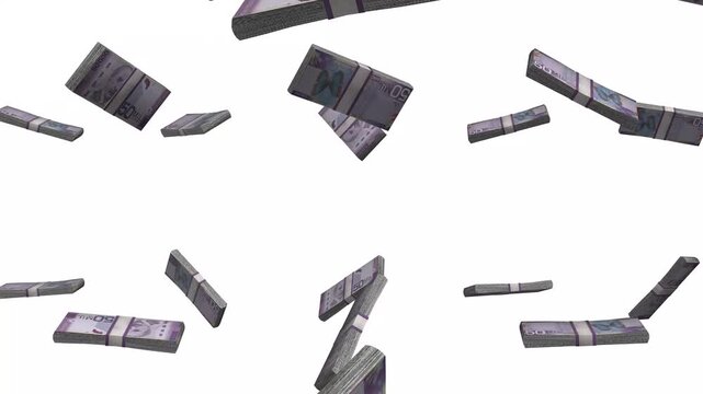 Costa Rica Money, Costa Rican Colon Banknotes Falling, CRC Currency Stacks, White Background, 4K