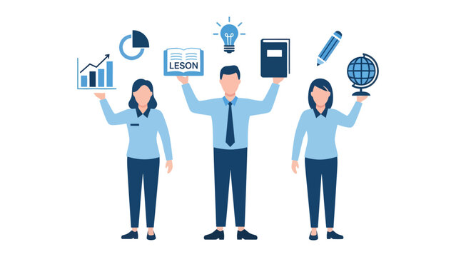 Knowledge and Learning: A group of individuals representing the pillars of education, each holding symbols of knowledge and learning, from charts and lesson plans to books and a globe.
