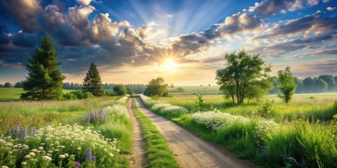 Obraz premium Serene Sunset Landscape A Dirt Road Winds Through a Verdant Meadow, Flanked by Blossoming Wildflowers, Leading Towards a Majestic Sunburst
