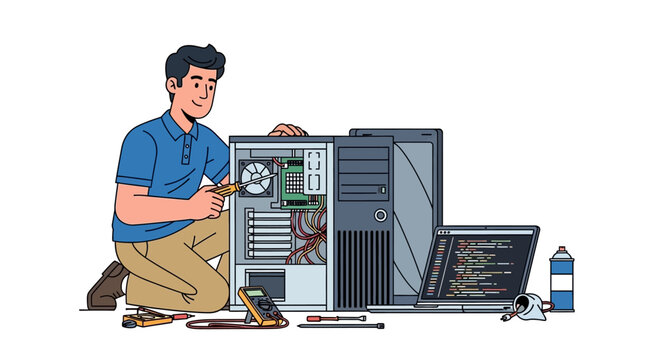 Computer Technician Repairing Desktop PC, Laptop, and Mobile Phone with Tools