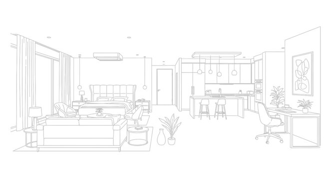 Line art drawing illustrates a modern open concept studio apartment featuring distinct living kitchen and sleeping areas
