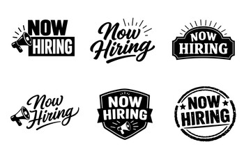 Fototapeta premium Black and white now hiring logos collection in various styles