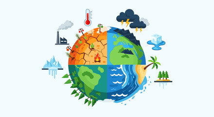 Naklejka premium Earth Climate Change: Global Warming, Extreme Weather, Melting Ice, Drought