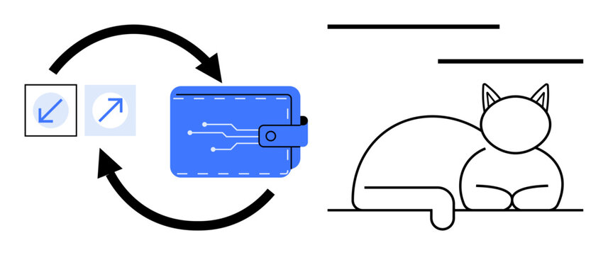 Financial technology, digital payments, online wallets, vector art, animal creativity, financial illustration. Wallet with circuit design and arrows, minimal cat drawing. Digital payments