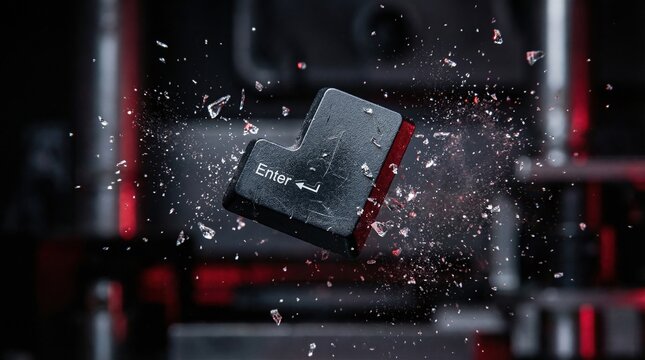 An "Enter" key shatters into fragments amidst a red-lit, dark background. This symbolizes digital frustration, a breaking point, or online rage. Ideal for tech, stress, or protest themes.