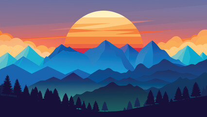 Obraz premium A colorful mountain range with trees and a sunset
