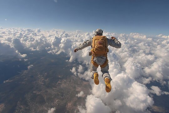 Skydiver in freefall above fluffy white clouds and landscape skydiving parachute