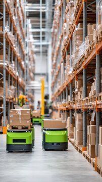 Automated robots maneuver through a modern warehouse filled with packages.