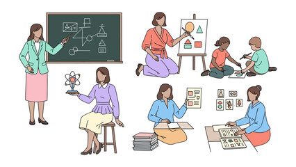 Educator's World: A collection of illustrations showcasing teachers engaging with students in various educational settings. From chalkboard lectures to creative art lessons.