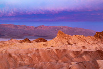 Naklejka premium Purple sky over Death Valley's golden Zabriskie Point badlands.