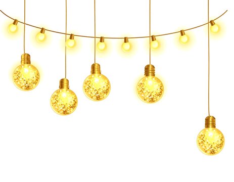 Festive gold glitter string lights dangling against a white background, creating a warm, inviting glow